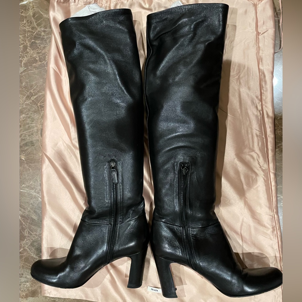 Prada Knee High Black Heeled Leather Boots
